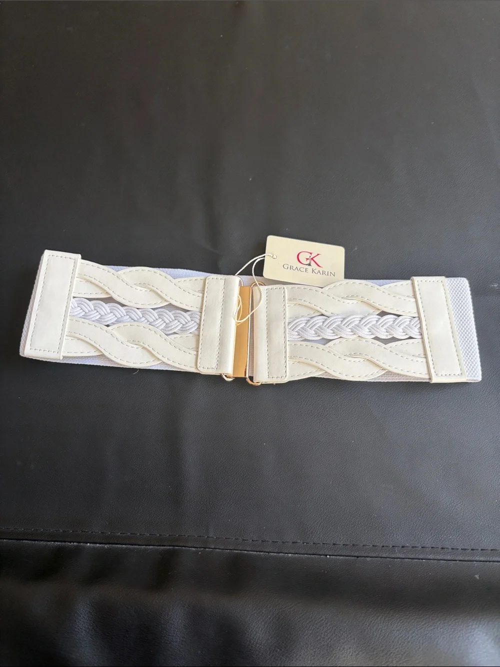 NWT Grace Karin White Wide Stretch Waist Belt Gold Hook Closure
